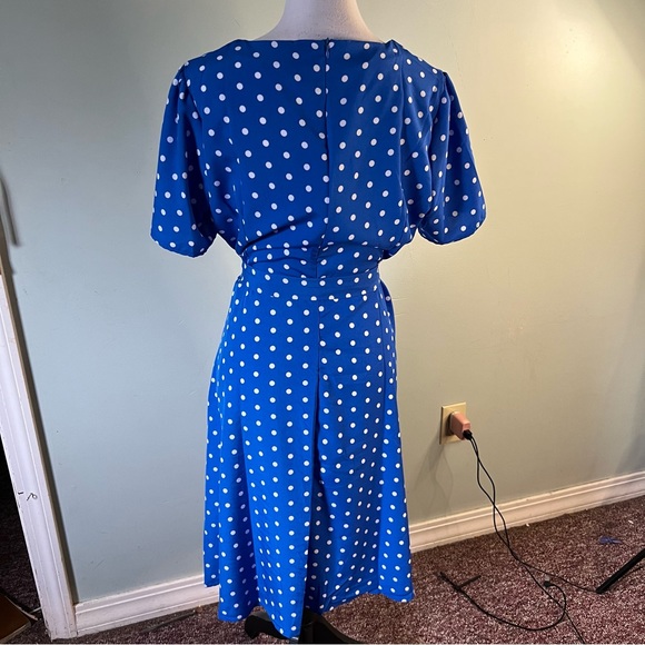 Belted blue with white poka dots dress, short sleeves knee length.19pp X 40L - Picture 3 of 11